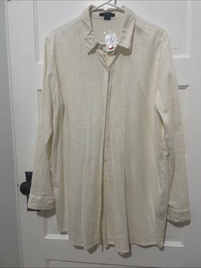 EILEEN FISHER Cream Button-Down Longline Shirt